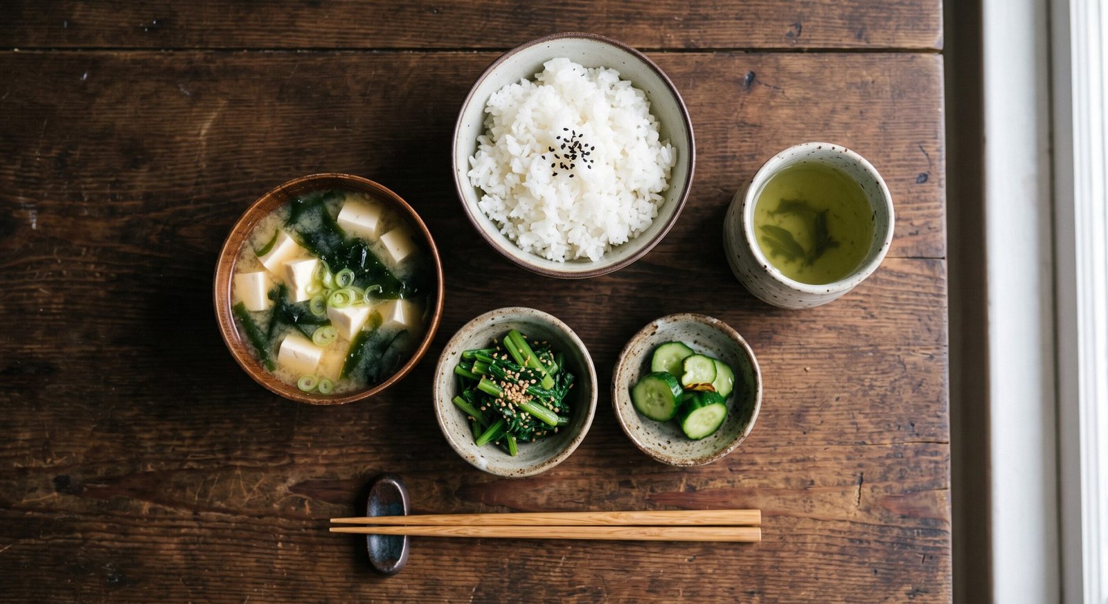 Arkinen japanilainen lounas ylhäältä: miso-keitto, riisi, vihreät, pikkelöity kurkku ja vihreä tee