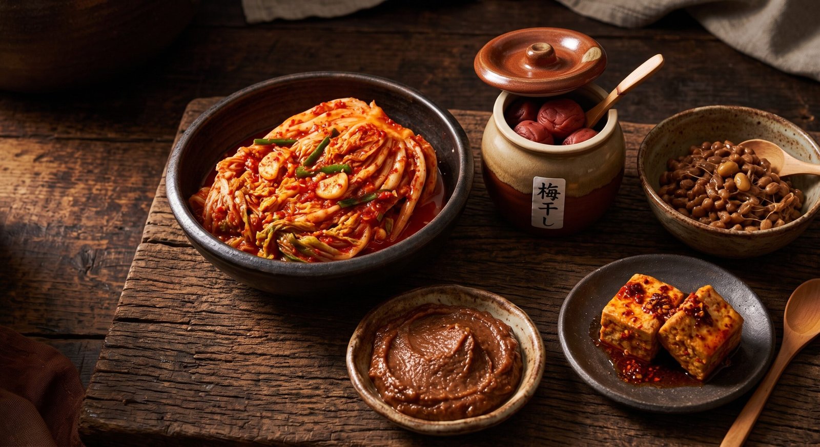Perinteisiä aasialaisia fermentoituja ruokia: kimchi, miso ja umeboshi