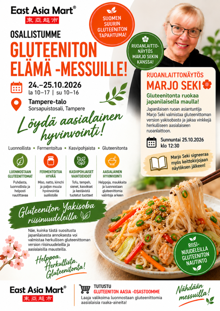 East Asia Martin Gluteeniton elämä -messujuliste: Marjo Sekin ruoanlaittonäytös sunnuntaina 25.10.2026 klo 12.30, Tampere-talo, gluteeniton yakisoba riisinuudeleilla